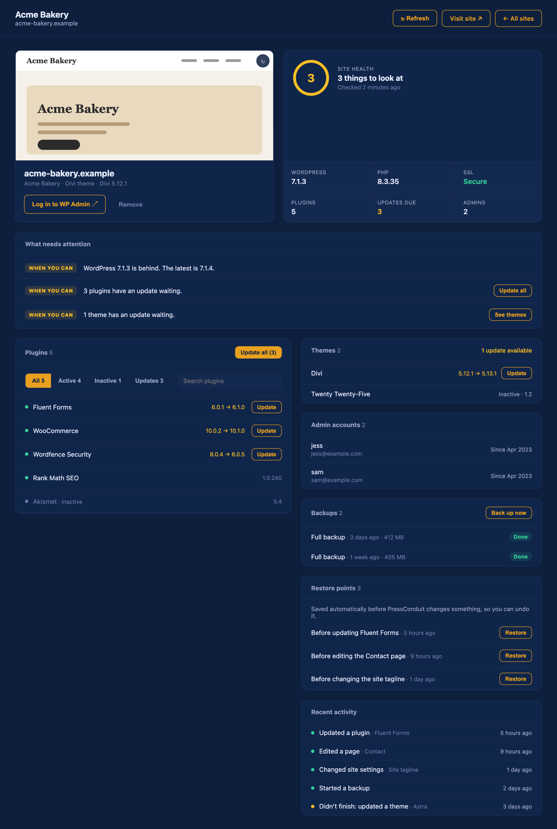 The full site details page for an example site, from health at the top to recent activity at the bottom