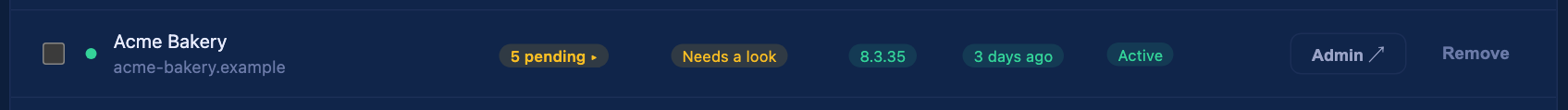 One site row with the Admin and Remove buttons on the right