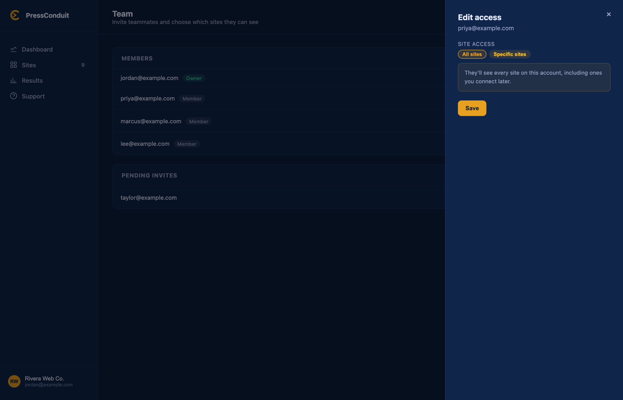 The Edit access panel for one teammate