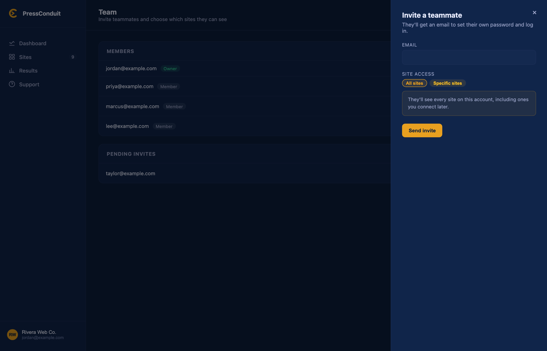 The Invite a teammate panel, with an email box and a choice of All sites or Specific sites