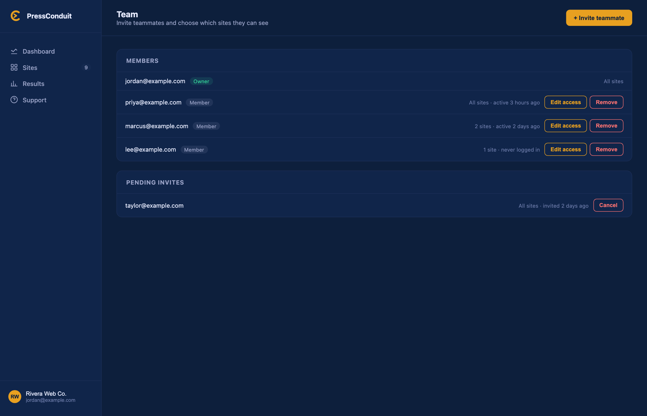 The Team page with an owner, three members and one pending invite