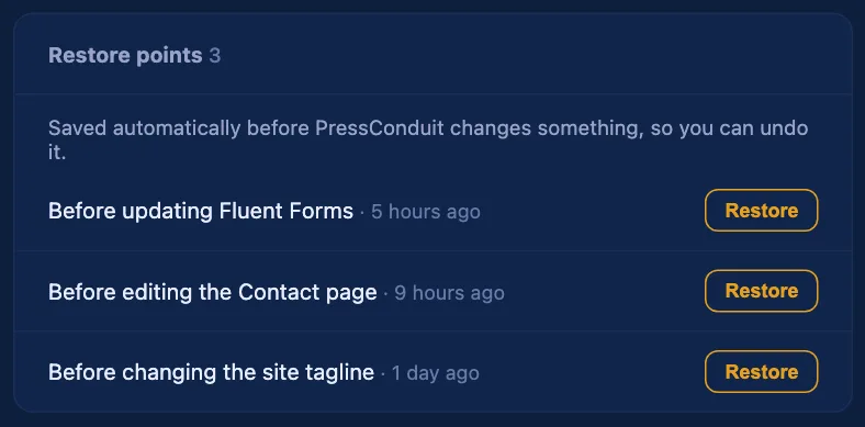 PressConduit's Restore points list: before updating a plugin, before editing a page, before changing the site tagline, each with a Restore button.